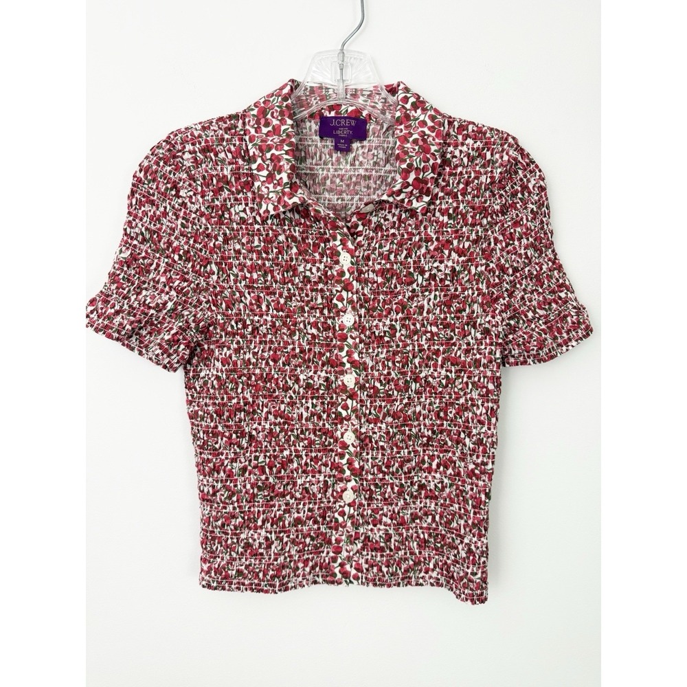 J CREW Smocked Button Up Shirt Top sz M Red Liberty Floral Short Sleeve Country
